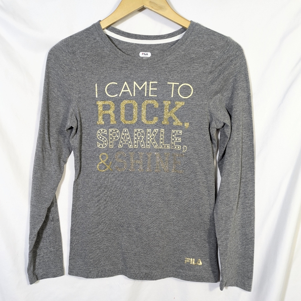 Fila Jrs Long Sleeve Cotton Blend Graphic T-Shirt‎ Gray Gold Accents XL - 16